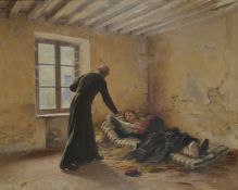'The wounded Soldier', oil on canvas of a padre tending a wounded soldier, initialled lower right