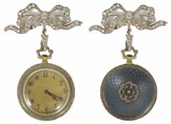 A delicate Edwardian guilloche enamel and rose diamond ladies fob watch on diamond set fancy