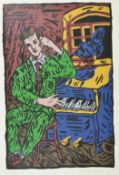 Adrian Wiszniewski The Raven, a coloured print of a man seated at a piano with a raven, signed and