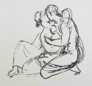 Duncan Grant (1885-1978) British A print of a nude couple embracing. Framed and glazed. 50 x 53 cm.