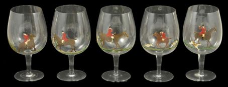 Five large brandy glasses with differing hand-painted hunting scenes, mid 20th century height