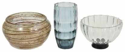 A Hadeland bowl with banded decoration together with a blue glass faceted vase and a Scandinavian