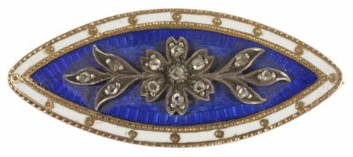 A delicate Georgian rose diamond and enamel marquis shaped memorial brooch the blue enamel centre
