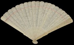 A large early 20th century Chinese Canton carved ivory fan finely carved and pierced on both sides
