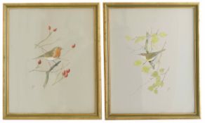 K.J Wood (British) A pair of watercolours of birds one depicting a robin on a rose hip branch, the