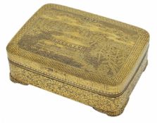 A Japanese iron Komai style box and cover finely decorated with a Fujiyama landscape, Meiji period,