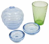 A Whitefriars green glass vase together with two similarly decorated Whitefriars glass dishes and