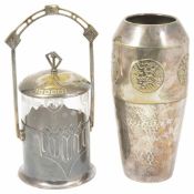 A WMF silver plated and glass jar and cover each modelled in Art Nouveau Jugendstil style together