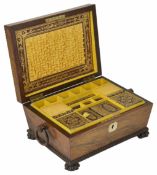 A late mahogany sewing box of sarcophagus form with ring handles to the side, the lid opening to