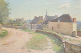 English School, Curved village path with cottages to side, a small oil on canvas, gilt frame 32 x