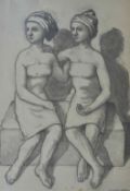 Christopher Stevens (20th century) British, Two Sisters, c. 1986, two women in towels, black crayon,