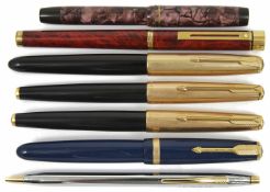 A collection of fountain pens and others to include a Sheaffer, three Parker, a Parker Duofold, a