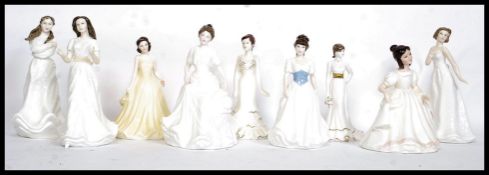 A collection of 9 Royal Doulton and Coalport figurines to include Embrace , Sentiments Greetings ,