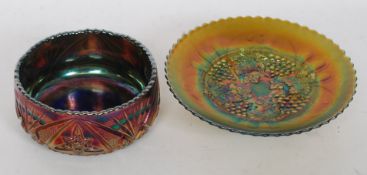 A blue green iridescent carnival glass bowl together with another piece of carnival glass - tazza