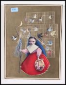 An unusual 1950's abstract print of a Russian / Slavic witch Baba Yaga ? with caged birds being