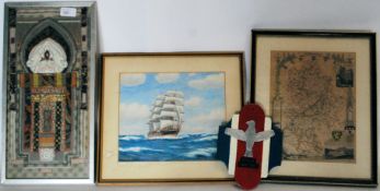 A collection of pictures, some framed and glazed to include needlework,