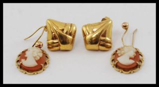 A pair of 9ct gold ladies Art Nouveau earrings together with a 9ct gold 375 marked pair of cameo