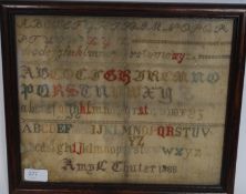A Victorian mahogany  framed tapestry sampler - made by an Amy Chuter and dated 1888. H28 cm .