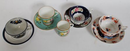 4 19th century ceramic teacups and saucers to include Imari pattern, Chinese, chintz pattern,