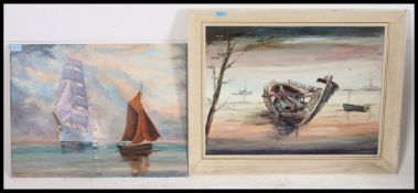 A Caddick ( Bristol Artist )  A  framed painting of a wooden shipwreck together with an unframed