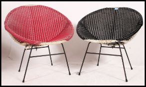 A pair of 1950's atomic style tubular metal and plastic rattan weave bedroom tub chairs,