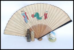 A 20th century Chinese decorated plate along with 2x carved soapstone Chinese seals,