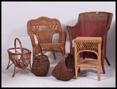 A Lloyd Loom lusty style chair together with a collection of whicker items to include basket,