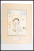 An unframed early 20th century watercolour painting of a Spanish / Portugese archway with notation