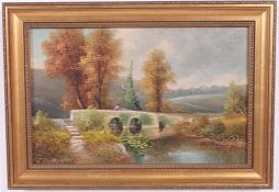 George Harris (1847-1915) An oil on panel painting  Wickham Bridge, River Frome,