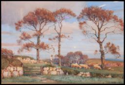 Albert Moulton Foweraker (1873-1942) A large Watercolour painting of a moonlit country shepherd