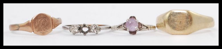 2 x 9ct gold 375 hallmarks gentlemans signet rings together with a silver and gold ladies 3 stone