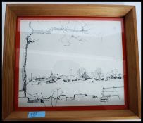 A framed and glazed pen and ink study of a rural farm setting signed to the corner Chamberlain Feb