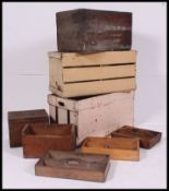 A collection of vintage industrial wooden crates and trugs to include advertising etc