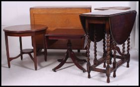 A dealers lot to include side tables, drop leaf dining table, golden oak harvest table,