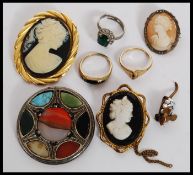 A collection of costume jewellery to include a silver 800 marked cameo, 2 x yellow metal cameos,