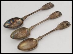 A set of 3 19th century silver hallmarked fiddle pattern teaspoons bearing unusual double duty