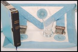 A collection of Masonic items to include sash along with Forest of Mendip club etched shot glass