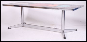 RETRO 1970's GLAZED POTTERY TILED TOP COFFEE TABLE decorated in a colourful abstract design,