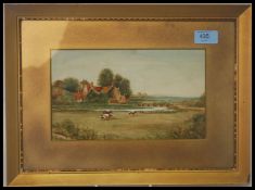 An early 20th century watercolour painting depicting a charming rural countryside cottage scene.