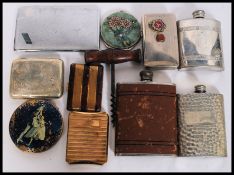 A collection of silver plated items to include a cigarette case, hip flasks etc.