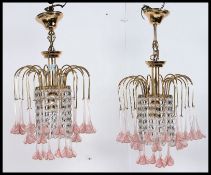 A stunning pair of retro 1950's empire style  brass and glass drop chandeliers - ceiling lights.