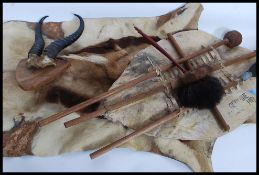 A taxidermy mounted pair of gazelle horns together with African tribal shield and weapons along