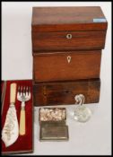 An assorted group of collectables to include three work boxes / writing slope / caddy boxes along