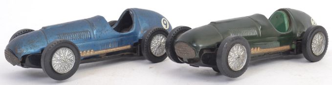 SCALEXTRIC: Two early Scalextric tinplate racing cars - Blue No.9 and Green No.3.