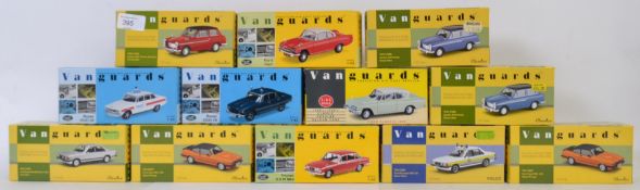 VANGUARDS: A collection of 12x Vanguards 1:43 scale boxed diecast model cars; Farina x3, Capri x3,