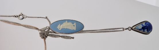 2 ladies silver necklaces to include an omega linked necklace with Wedgwood cameo pendant,