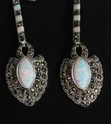 A fabulous pair of contemporary Art Deco style silver and marcasite drop earrings. Total weight 9.
