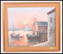 A framed Max Savy oil on canvas of a Harbour fishing scene along with a further four framed and