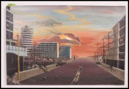 A retro mid century original oil painting of a Dystopian cityscape by M.