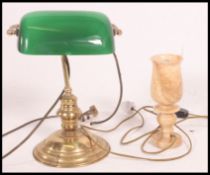 A 20th century brass with green glass shade bankers lamp,